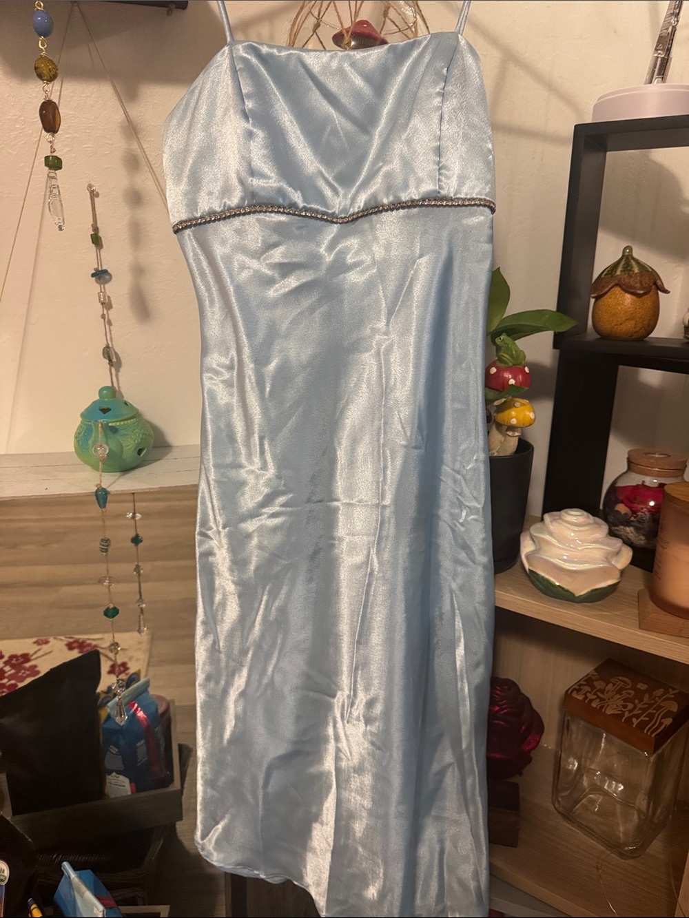 Fiesta Light Blue Strapless Satin Gown with Beaded Trim